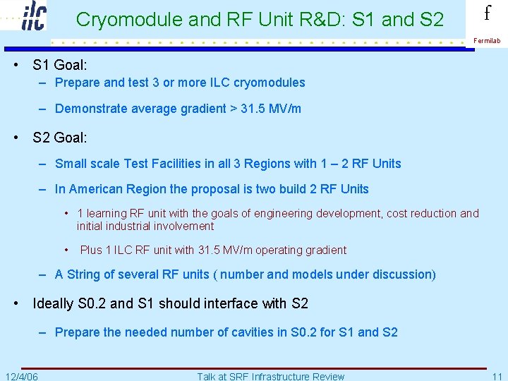 Cryomodule and RF Unit R&D: S 1 and S 2 f Fermilab • S