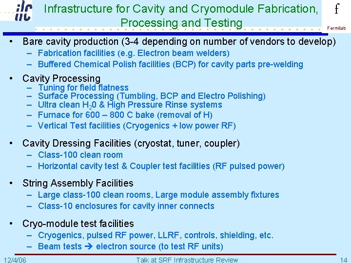 Infrastructure for Cavity and Cryomodule Fabrication, Processing and Testing f Fermilab • Bare cavity