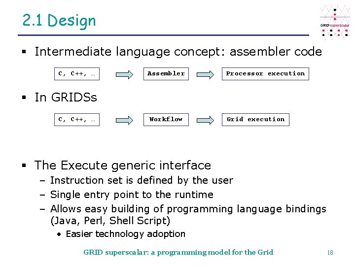 2. 1 Design § Intermediate language concept: assembler code C, C++, … Assembler Processor