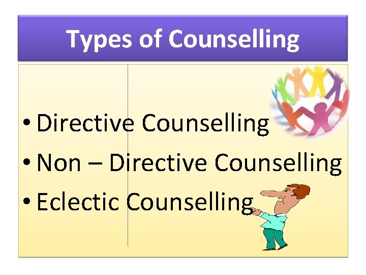 Types of Counselling • Directive Counselling • Non – Directive Counselling • Eclectic Counselling