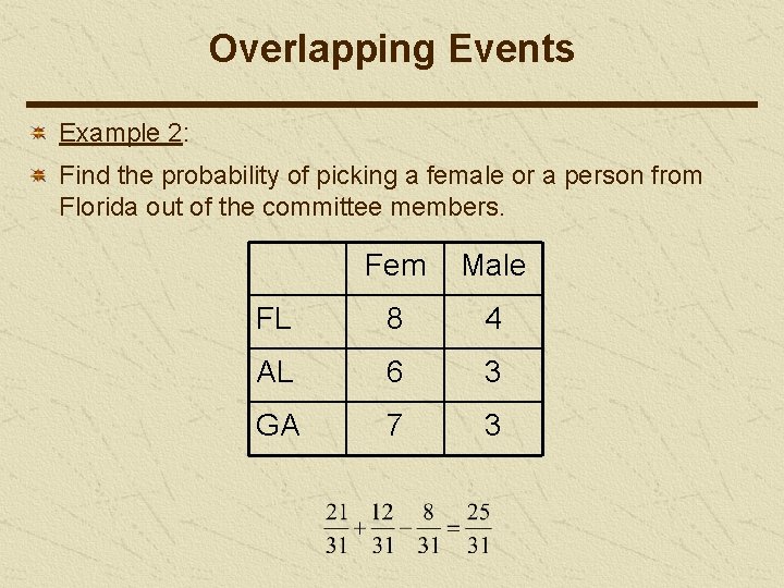 Overlapping Events Example 2: Find the probability of picking a female or a person