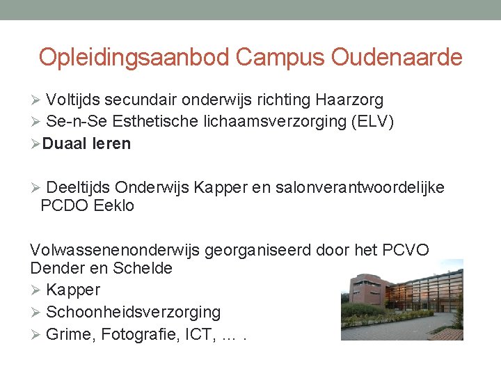 Opleidingsaanbod Campus Oudenaarde Ø Voltijds secundair onderwijs richting Haarzorg Ø Se-n-Se Esthetische lichaamsverzorging (ELV)