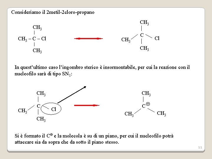 Consideriamo il 2 metil-2 cloro-propano CH 3 – Cl CH 3 C Cl CH
