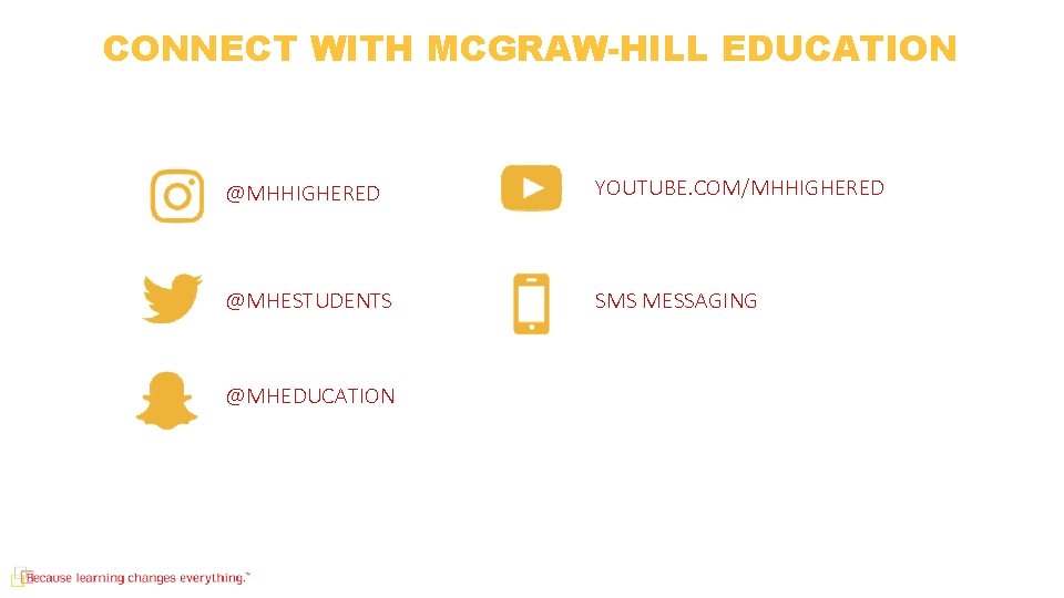 CONNECT WITH MCGRAW-HILL EDUCATION @MHHIGHERED YOUTUBE. COM/MHHIGHERED @MHESTUDENTS SMS MESSAGING @MHEDUCATION 