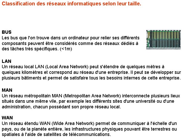 Classification des réseaux informatiques selon leur taille. BUS Les bus que l'on trouve dans