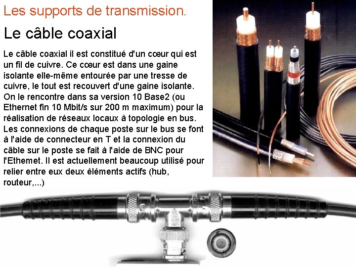 Les supports de transmission. Le câble coaxial il est constitué d'un cœur qui est