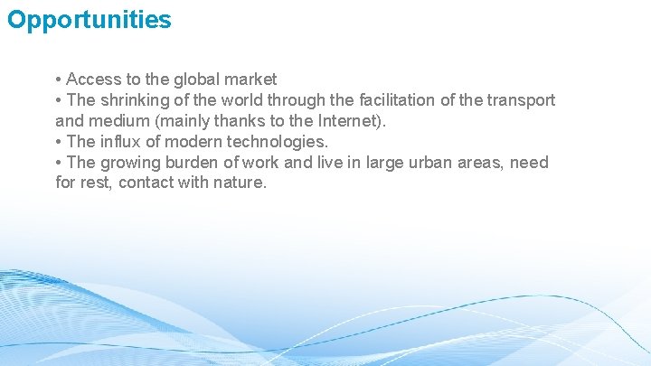 Opportunities • Access to the global market • The shrinking of the world through