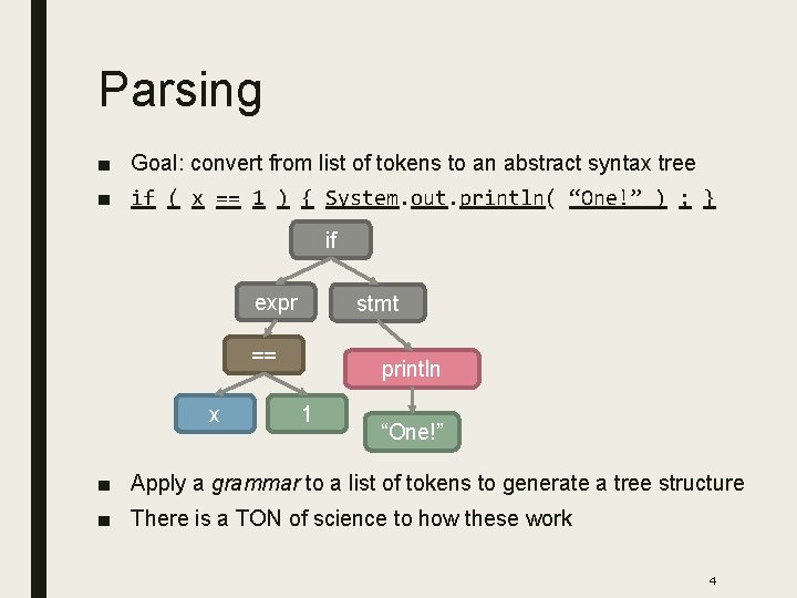 Parsing ■ Goal: convert from list of tokens to an abstract syntax tree ■
