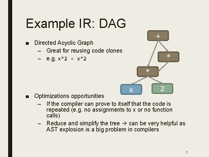 Example IR: DAG + ■ Directed Acyclic Graph – Great for reusing code clones