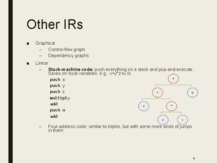Other IRs ■ Graphical – Control-flow graph – Dependency graphs ■ Linear – Stack-machine