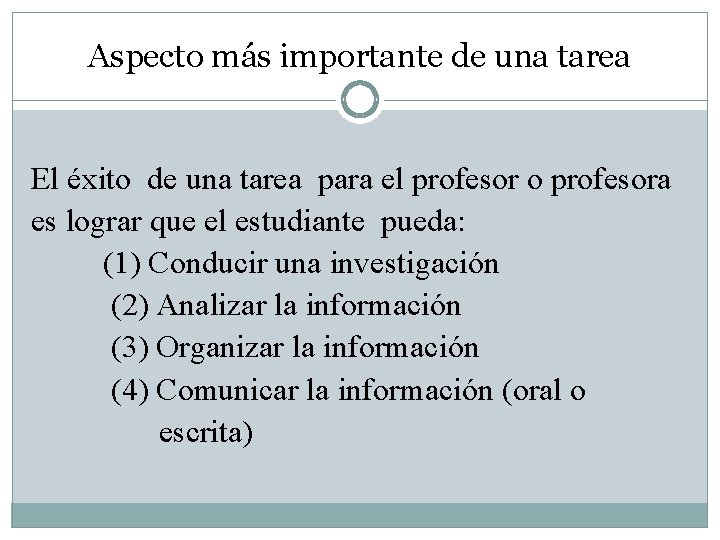 Aspecto más importante de una tarea El éxito de una tarea para el profesor