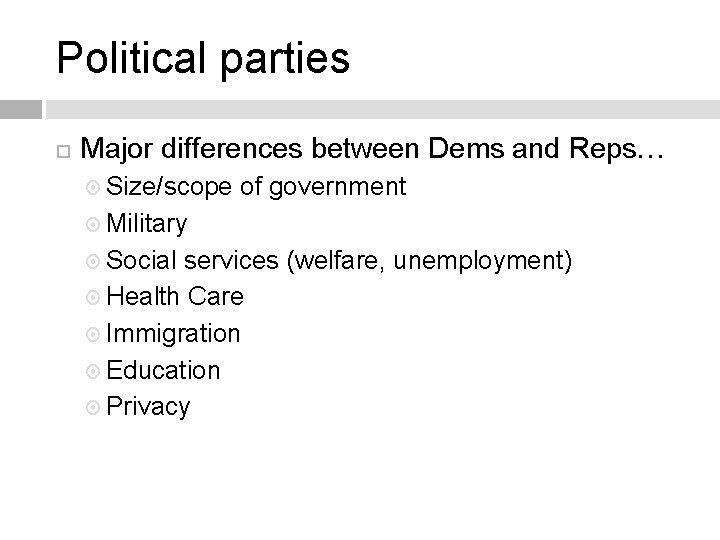 Political parties Major differences between Dems and Reps… Size/scope of government Military Social services