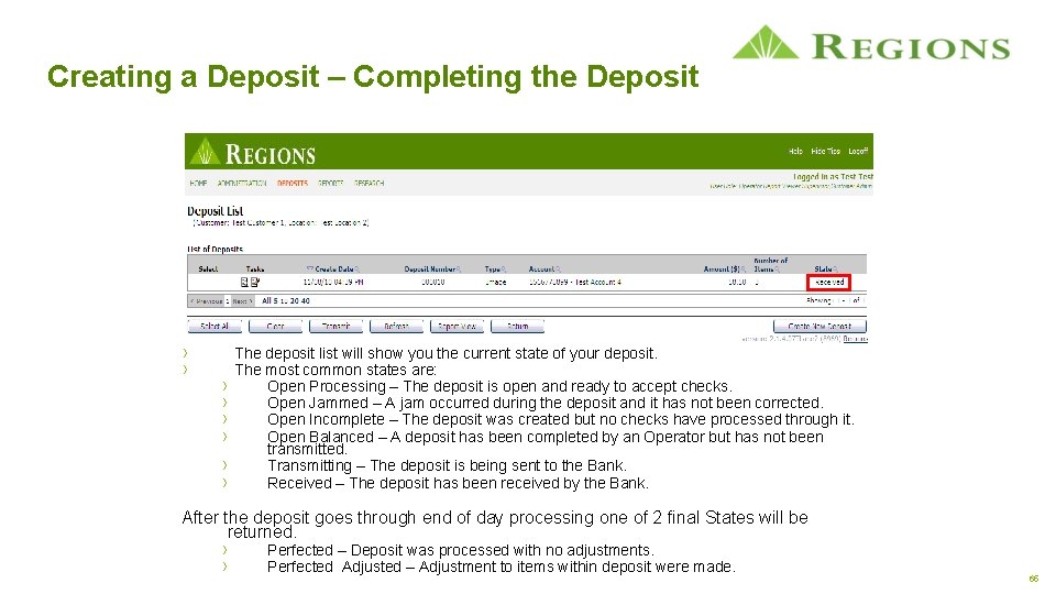 Creating a Deposit – Completing the Deposit › › › › The deposit list