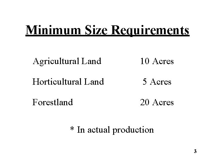 Minimum Size Requirements Agricultural Land 10 Acres Horticultural Land 5 Acres Forestland 20 Acres