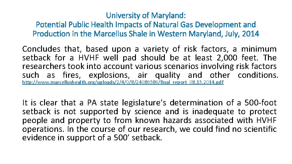 University of Maryland: Potential Public Health Impacts of Natural Gas Development and Production in