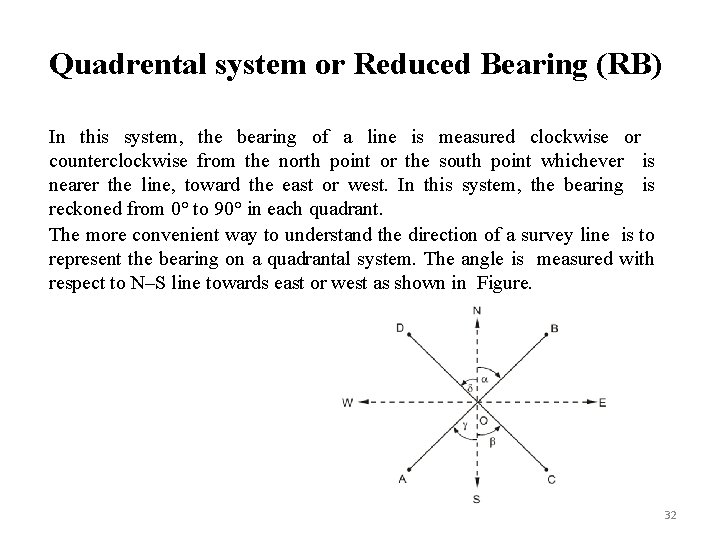 Quadrental system or Reduced Bearing (RB) In this system, the bearing of a line