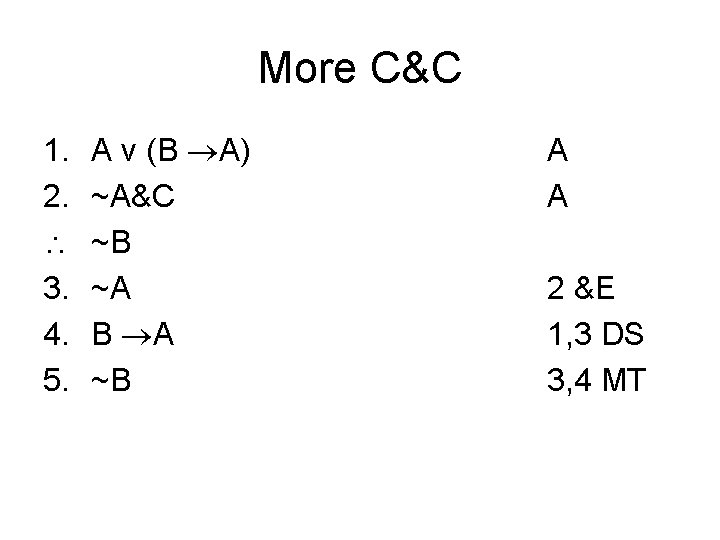 More C&C 1. 2. 3. 4. 5. A v (B A) ~A&C ~B ~A