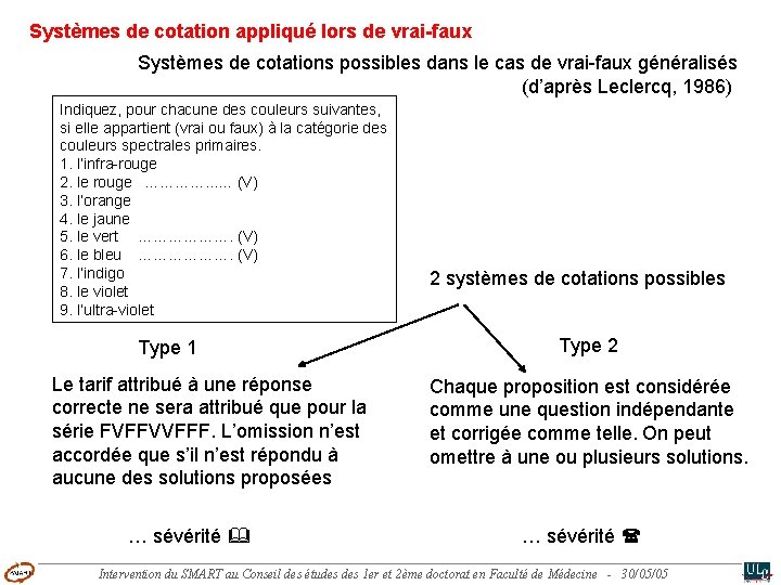 Systèmes de cotation appliqué lors de vrai-faux Systèmes de cotations possibles dans le cas