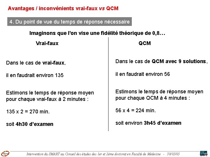 Avantages / inconvénients vrai-faux vs QCM 4. Du point de vue du temps de