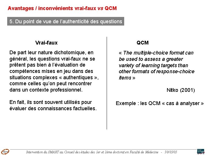 Avantages / inconvénients vrai-faux vs QCM 5. Du point de vue de l’authenticité des