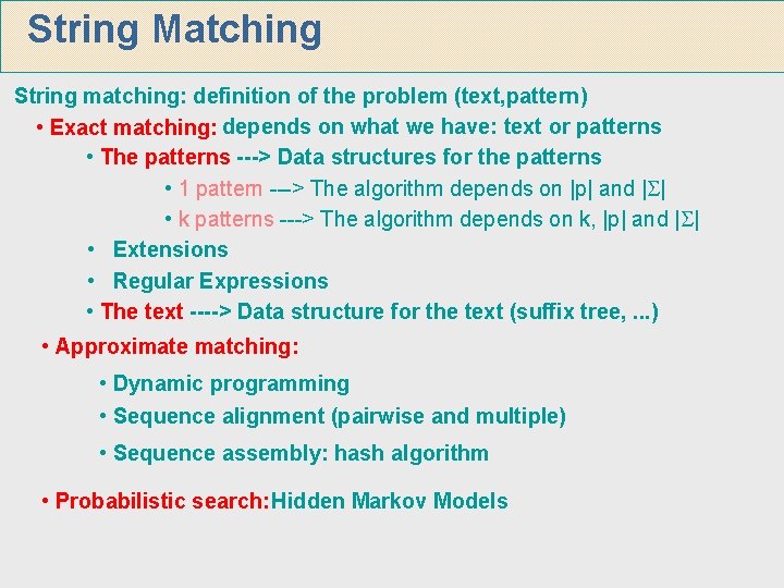 String Matching String matching: definition of the problem (text, pattern) • Exact matching: depends