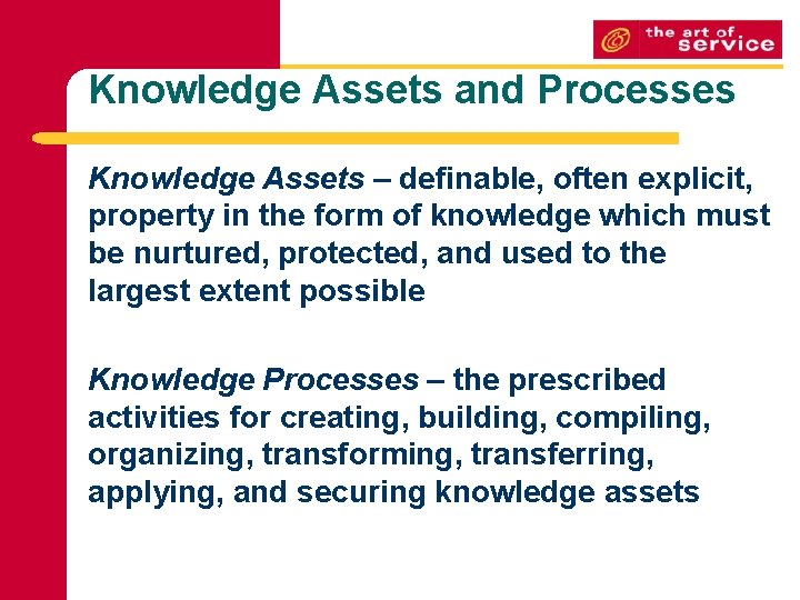 Knowledge Assets and Processes Knowledge Assets – definable, often explicit, property in the form Knowledge Assets and Processes Knowledge Assets – definable, often explicit, property in the form