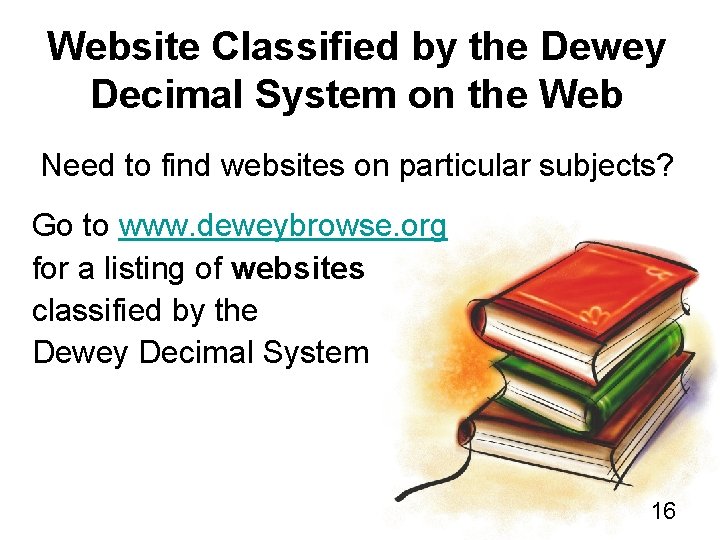 Website Classified by the Dewey Decimal System on the Web Need to find websites