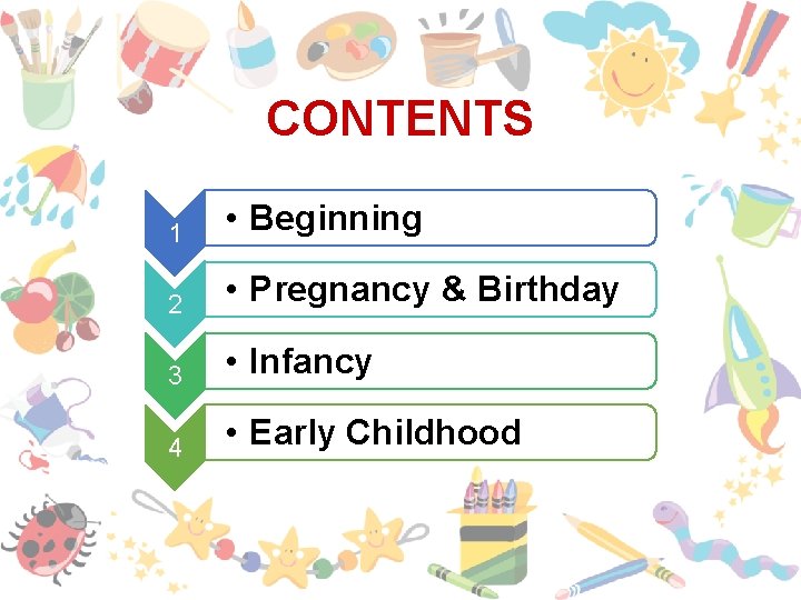 CONTENTS 1 • Beginning 2 • Pregnancy & Birthday 3 • Infancy 4 •