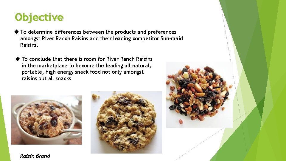 Objective To determine differences between the products and preferences amongst River Ranch Raisins and