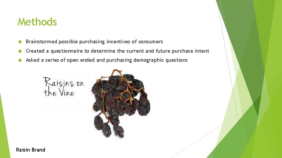 Methods Brainstormed possible purchasing incentives of consumers Created a questionnaire to determine the current