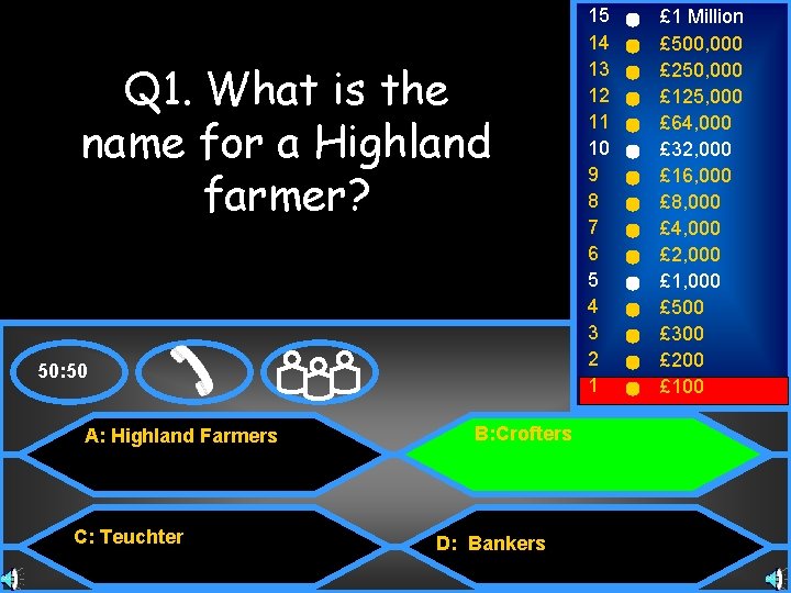 Q 1. What is the name for a Highland farmer? 50: 50 A: Highland