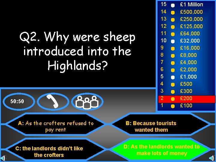 Q 2. Why were sheep introduced into the Highlands? 50: 50 A: As the