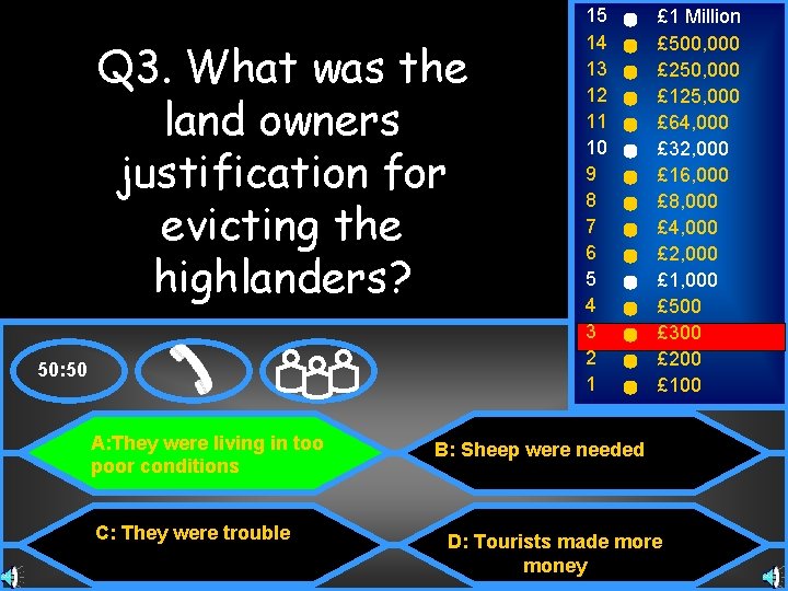 Q 3. What was the land owners justification for evicting the highlanders? 50: 50