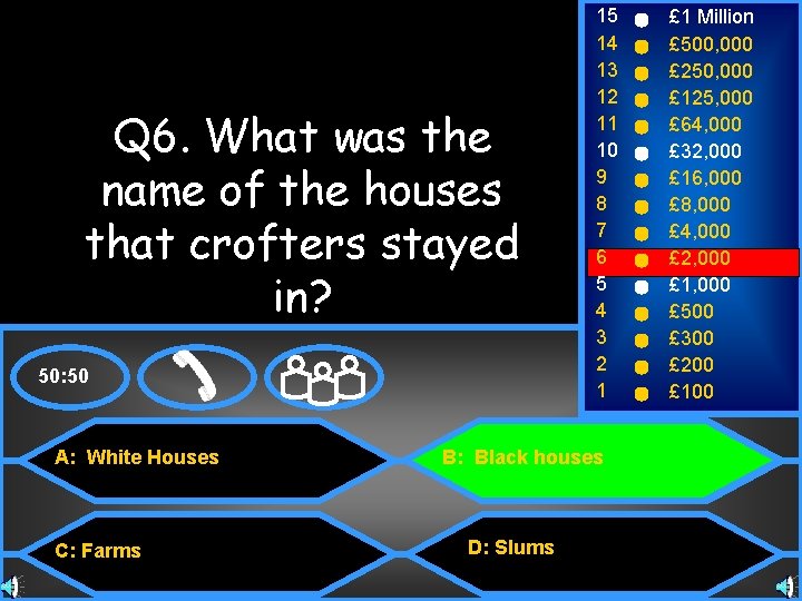 Q 6. What was the name of the houses that crofters stayed in? 50: