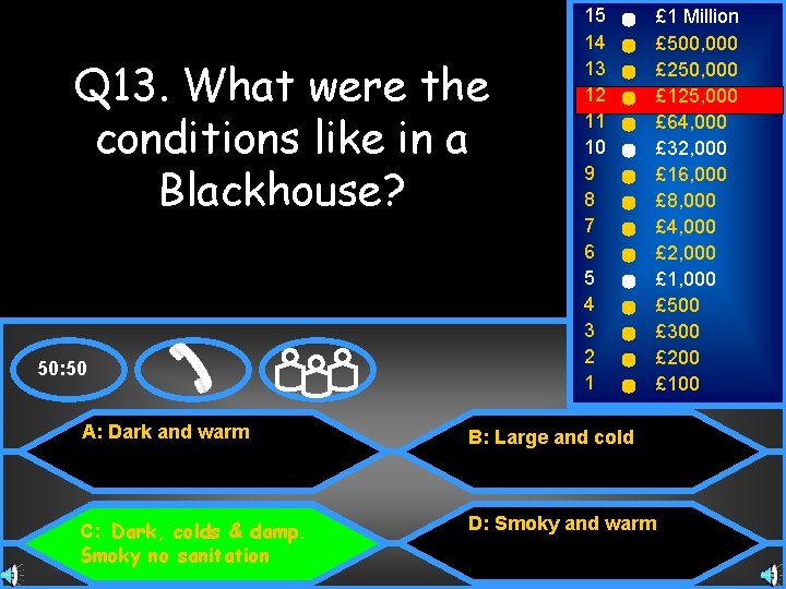 Q 13. What were the conditions like in a Blackhouse? 50: 50 15 14