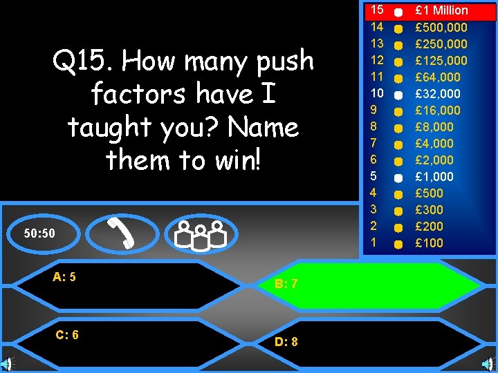 Q 15. How many push factors have I taught you? Name them to win!