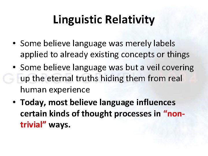 Linguistic Relativity • Some believe language was merely labels applied to already existing concepts