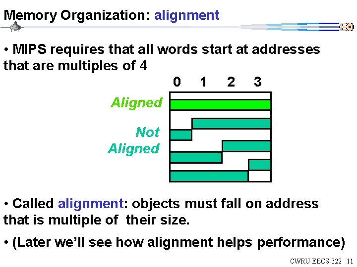 Memory Organization: alignment • MIPS requires that all words start at addresses that are