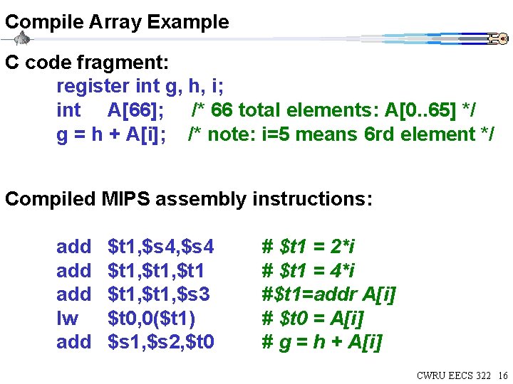 Compile Array Example C code fragment: register int g, h, i; int A[66]; /*