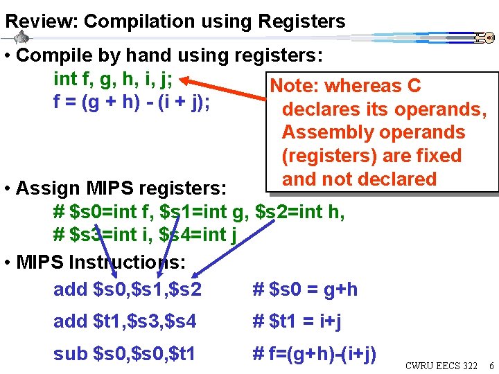 Review: Compilation using Registers • Compile by hand using registers: int f, g, h,