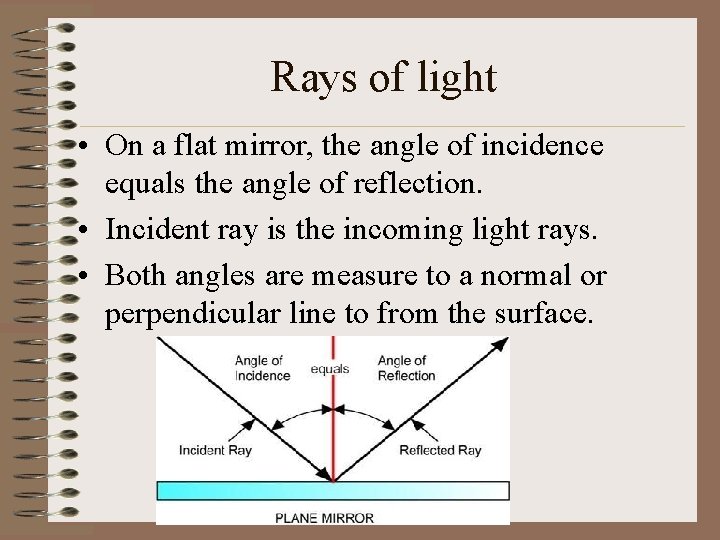 Rays of light • On a flat mirror, the angle of incidence equals the