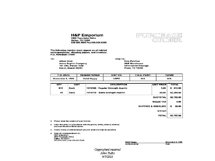 Purchase Order Copyrighted material John Tullis 9/7/2021 