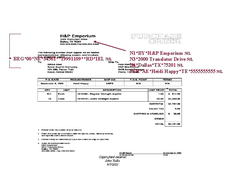 Purchase Order BEG*00*NE*34561**19991109**RD*IEL N/L Copyrighted material John Tullis 9/7/2021 N 1*BY*H&P Emporium N/L N