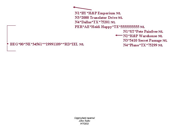 N 1*BY*H&P Emporium N/L N 3*2000 Translator Drive N/L N 4*Dallas*TX*75201 N/L PER*AE*Heidi Happy*TE*55555