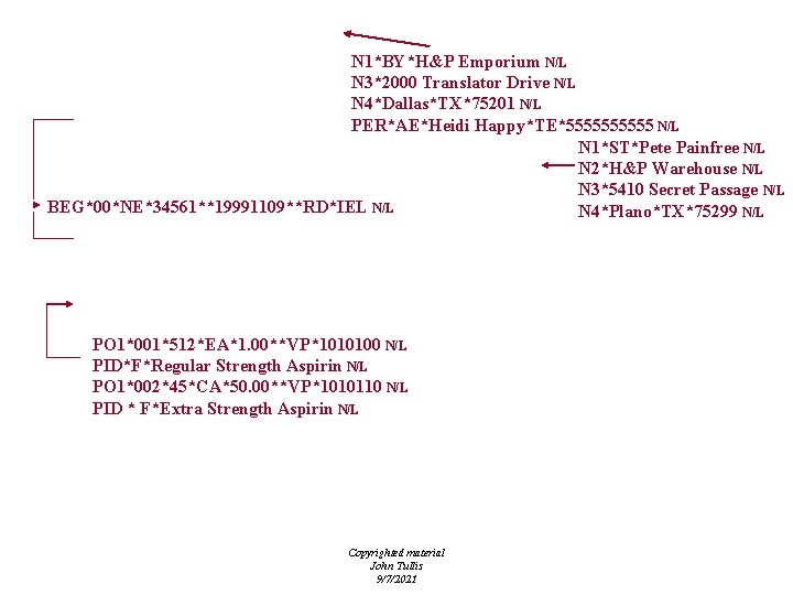 N 1*BY*H&P Emporium N/L N 3*2000 Translator Drive N/L N 4*Dallas*TX*75201 N/L PER*AE*Heidi Happy*TE*55555