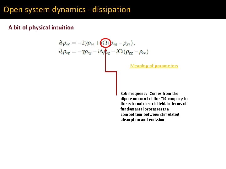 Open system dynamics - dissipation A bit of physical intuition Meaning of parameters Rabi