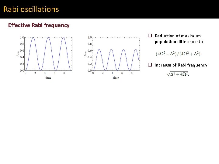 Rabi oscillations Effective Rabi frequency q Reduction of maximum population difference to q Increase