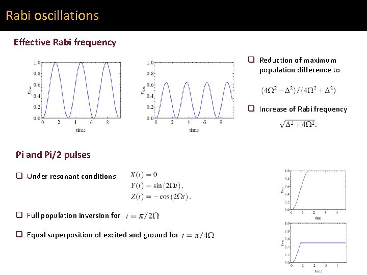 Rabi oscillations Effective Rabi frequency q Reduction of maximum population difference to q Increase