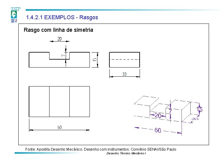 1. 4. 2. 1 EXEMPLOS - Rasgos Rasgo com linha de simetria Fonte: Apostila 1. 4. 2. 1 EXEMPLOS - Rasgos Rasgo com linha de simetria Fonte: Apostila