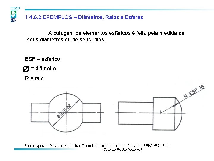 1. 4. 6. 2 EXEMPLOS – Diâmetros, Raios e Esferas A cotagem de elementos 1. 4. 6. 2 EXEMPLOS – Diâmetros, Raios e Esferas A cotagem de elementos